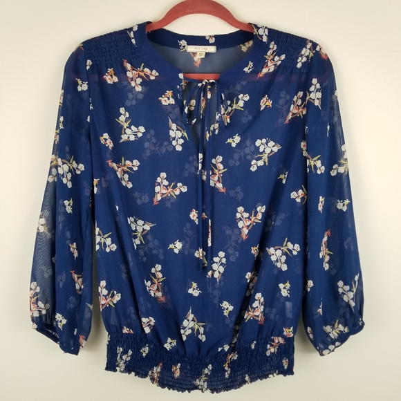 Pleione Tops - Pleione Royal Blue Floral Print Chiffon Blouse-XS